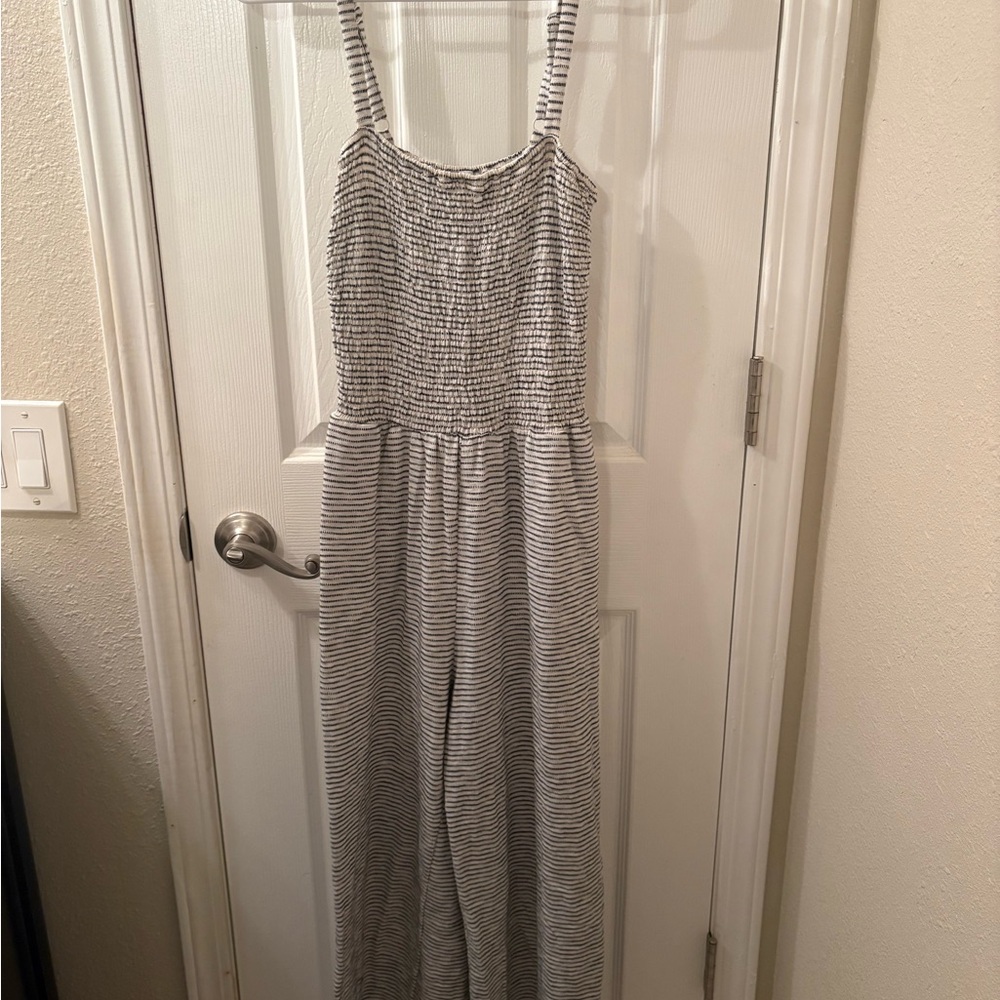 Striped Smocked Jumpsuit - White & Black